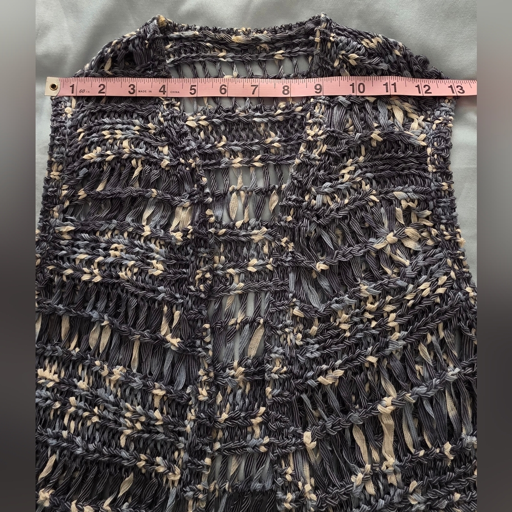 Chico's Women's Vest Duster Blue/Gray Nylon Open Front Knit Fringe Boho Size M-L - Picture 7 of 13